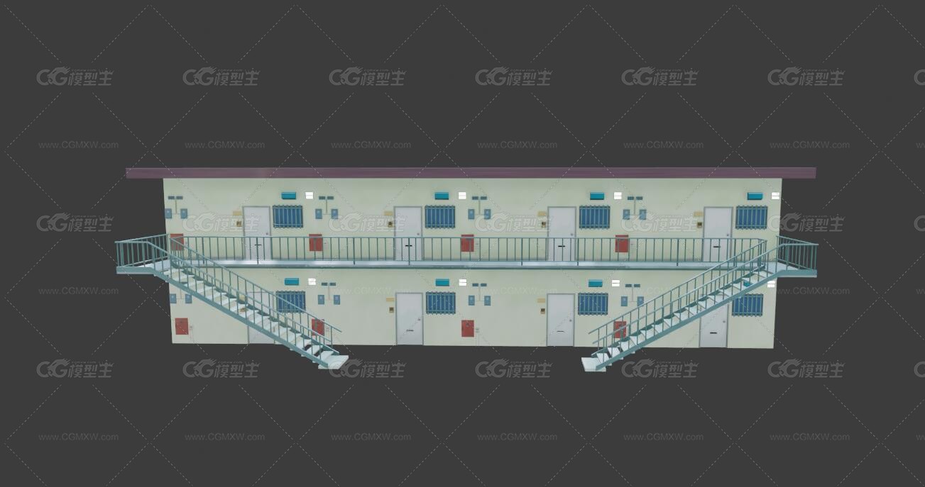卡通二层公寓楼房 带楼梯学校宿舍 职工宿舍 简易住宅 宿舍楼 学校宿舍带室内房间3D模型-1