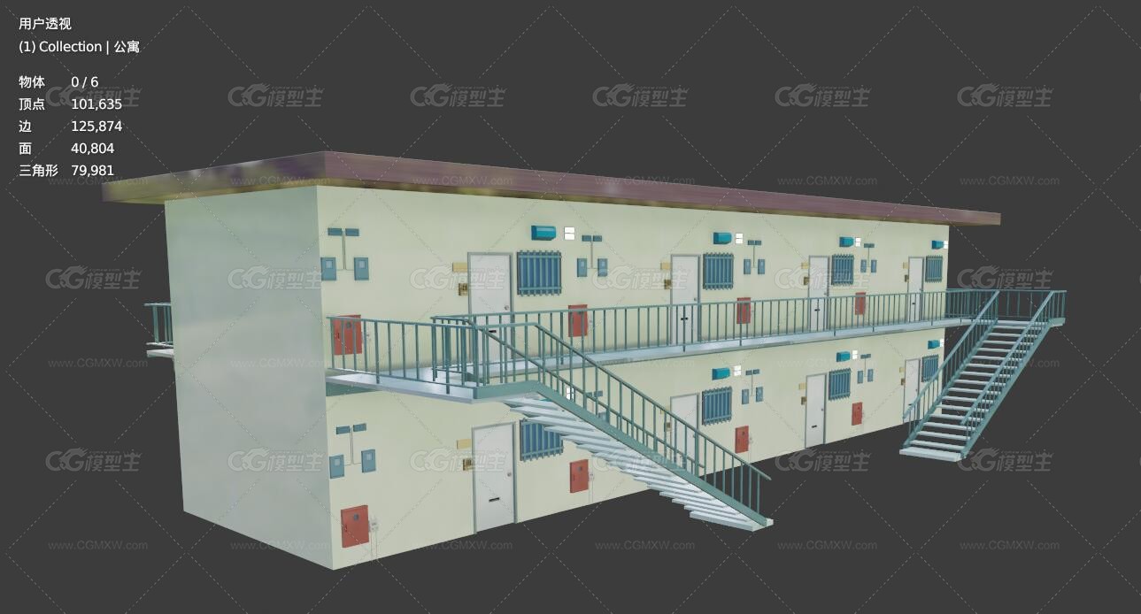 卡通二层公寓楼房 带楼梯学校宿舍 职工宿舍 简易住宅 宿舍楼 学校宿舍带室内房间3D模型-6