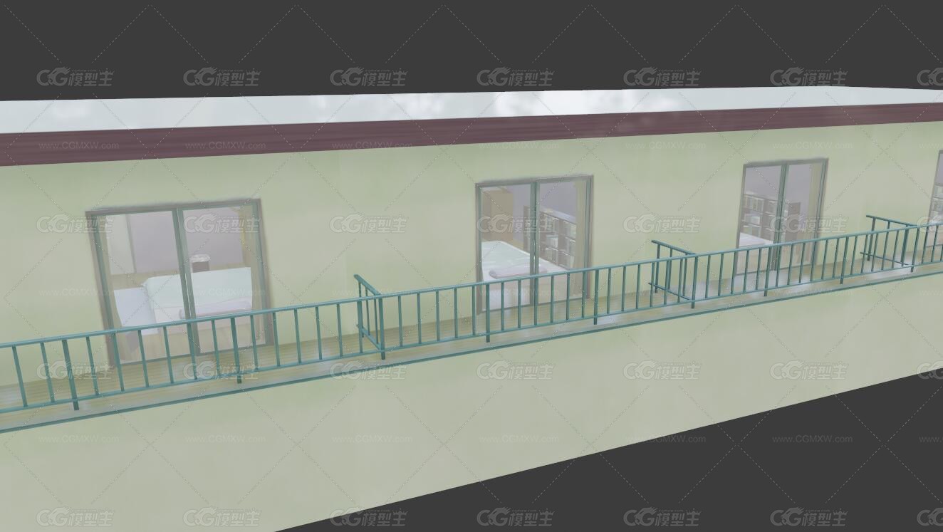卡通二层公寓楼房 带楼梯学校宿舍 职工宿舍 简易住宅 宿舍楼 学校宿舍带室内房间3D模型-3