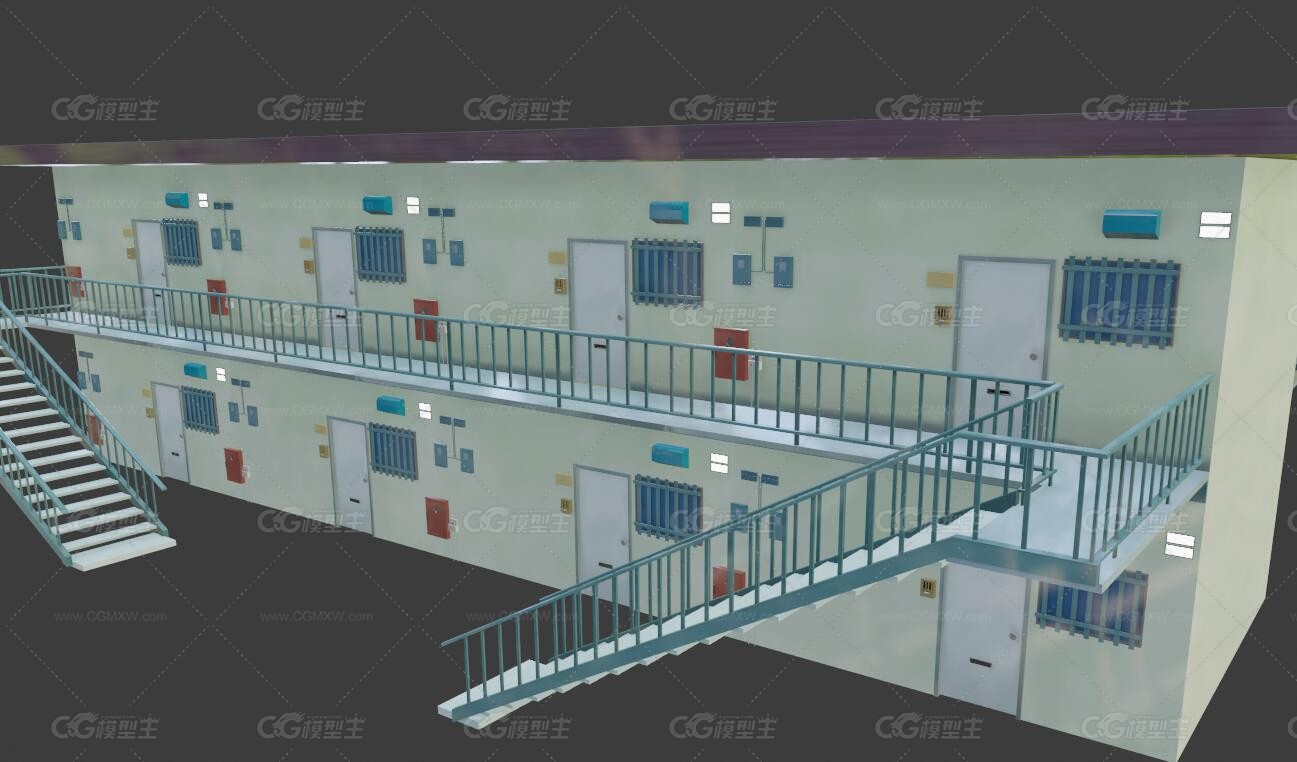 卡通二层公寓楼房 带楼梯学校宿舍 职工宿舍 简易住宅 宿舍楼 学校宿舍带室内房间3D模型-2
