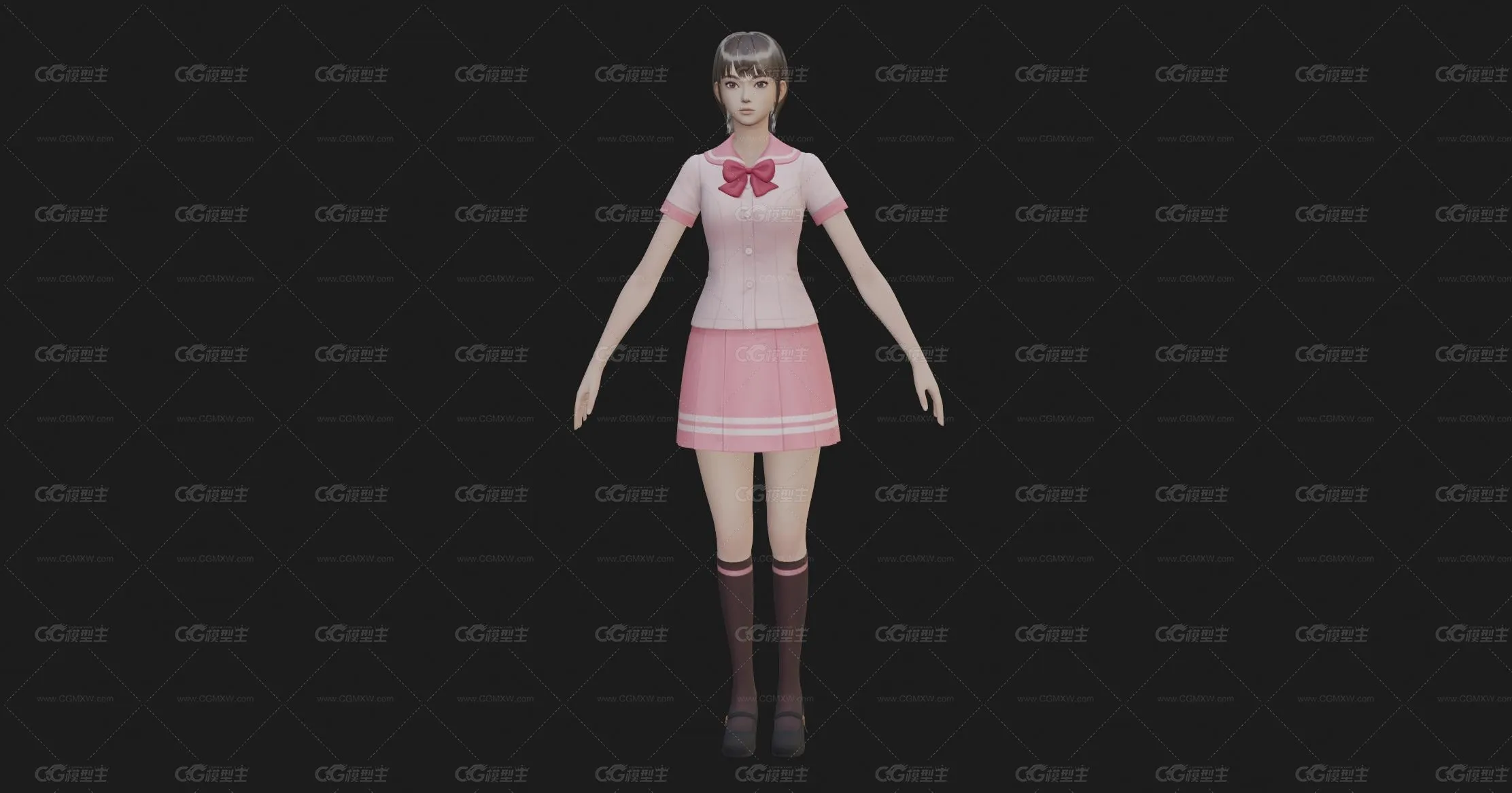 粉衣短发女孩 女生 美女学生 学校校花 美人 小姐姐 御姐 少女 萝莉 日式校服女高中生带骨骼绑定3D模型-1