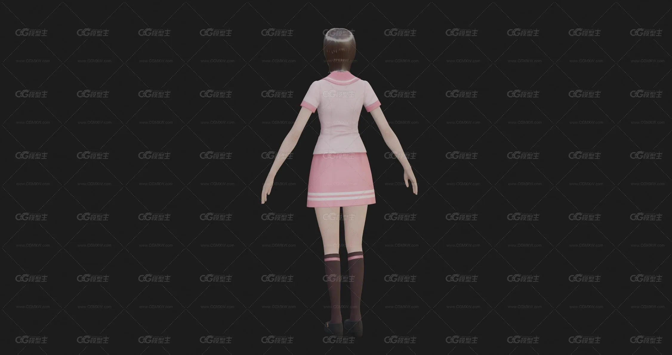 粉衣短发女孩 女生 美女学生 学校校花 美人 小姐姐 御姐 少女 萝莉 日式校服女高中生带骨骼绑定3D模型-2