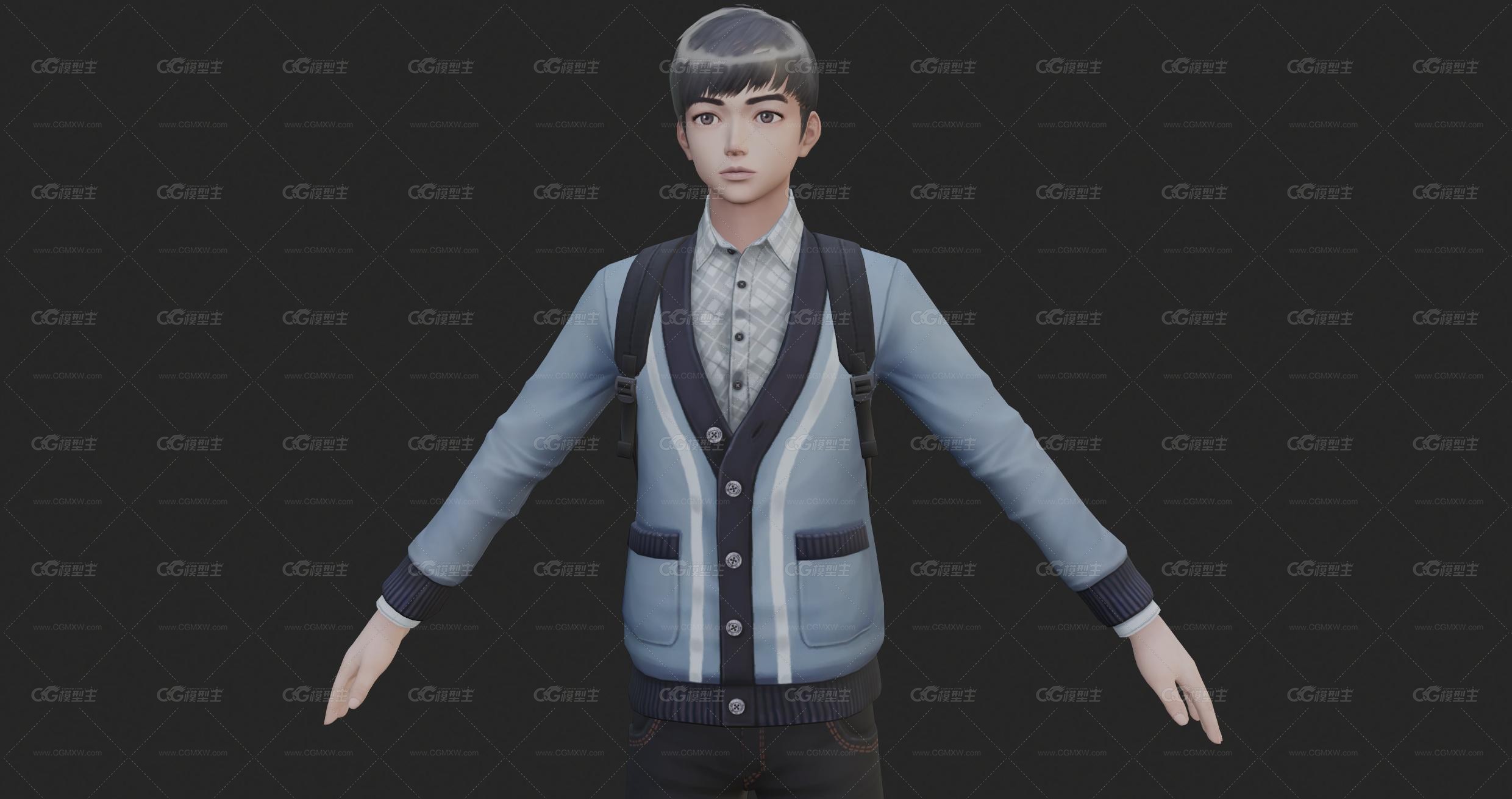 二次元 帅哥 阳光男孩 男生 台湾风格校服 学生 高中生 男孩 小哥哥 休闲装 运动装 背包书包带骨骼绑定３D模型-3