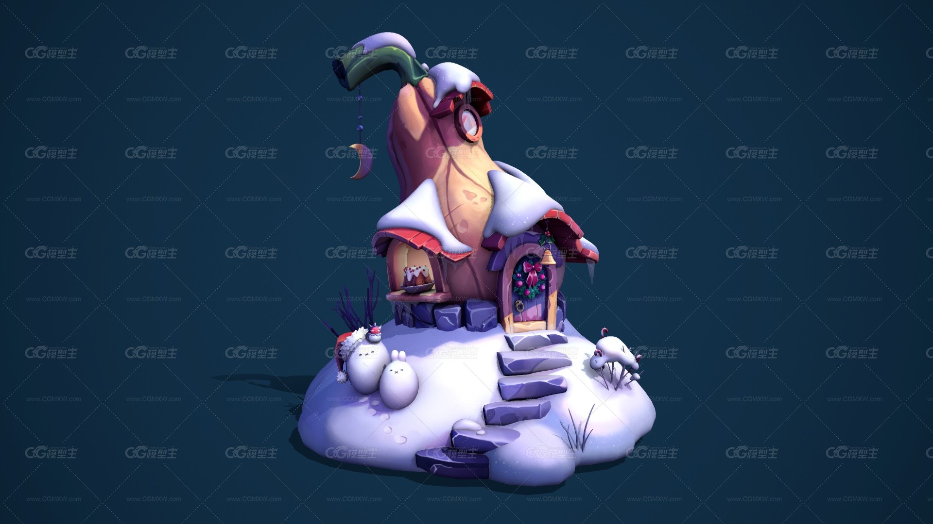 次时代 卡通 手绘q版圣诞节场景 雪人 雪屋 圣诞屋美陈 卡通场景3D模型-1