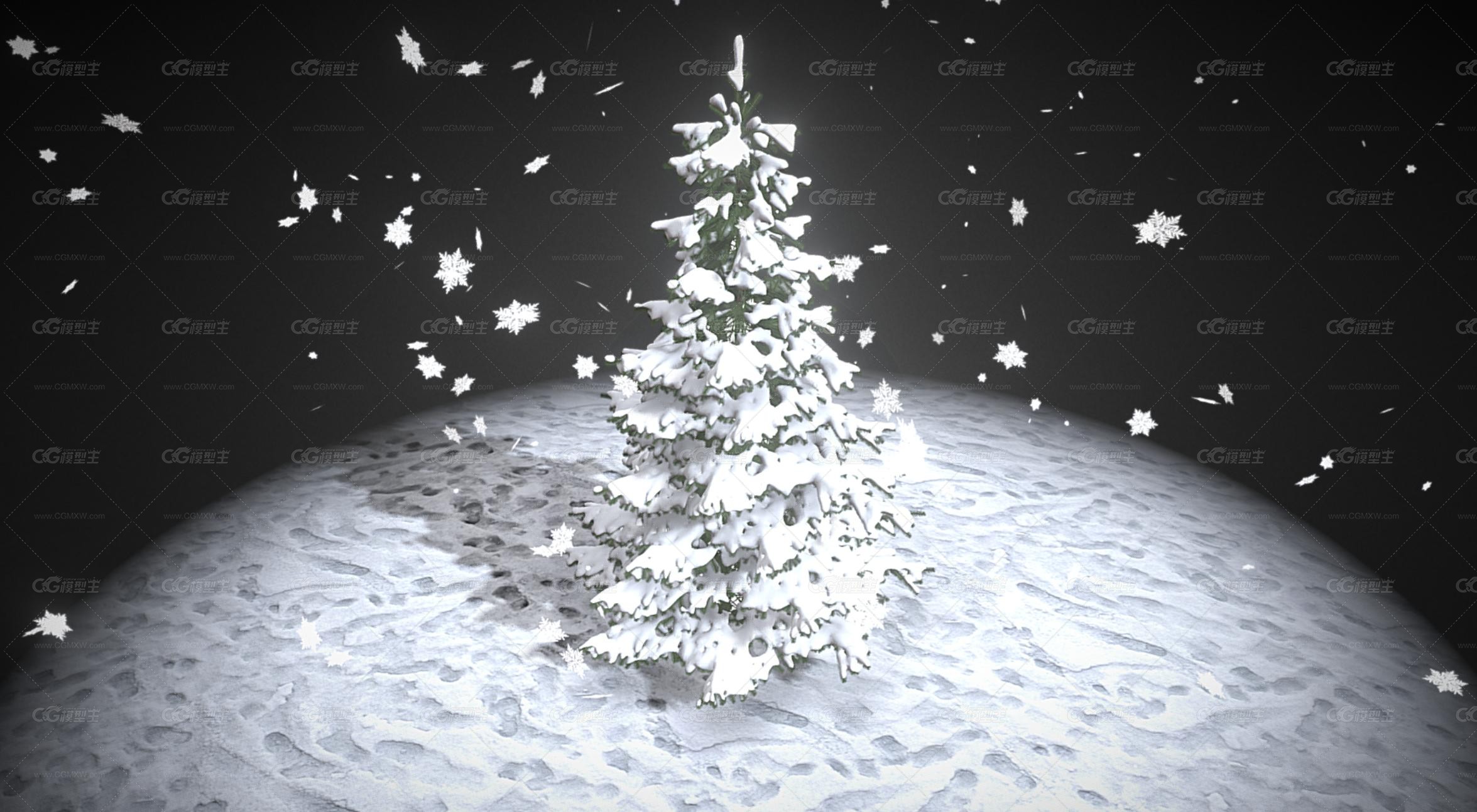 雪地圣诞树 雪景 雪花 圣诞节场景 圣诞树 白雪树3D模型-1