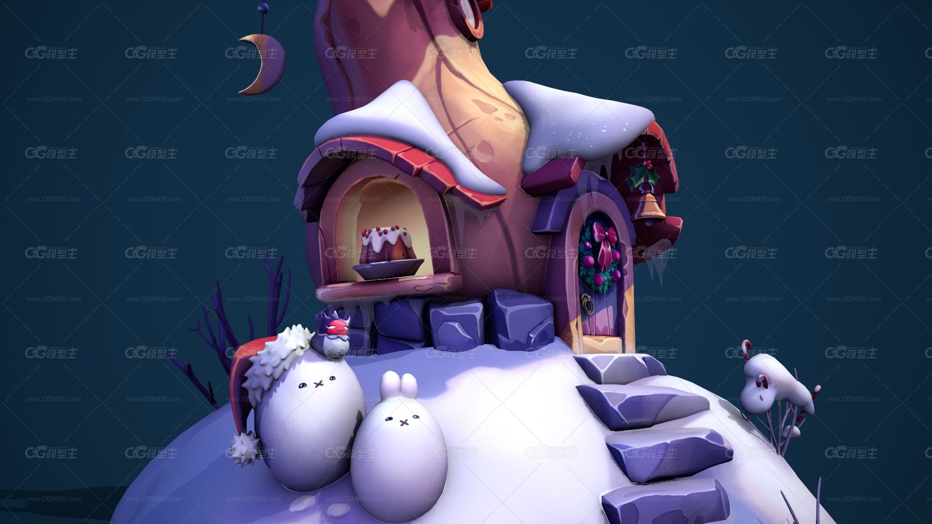 次时代 卡通 手绘q版圣诞节场景 雪人 雪屋 圣诞屋美陈 卡通场景3D模型-3