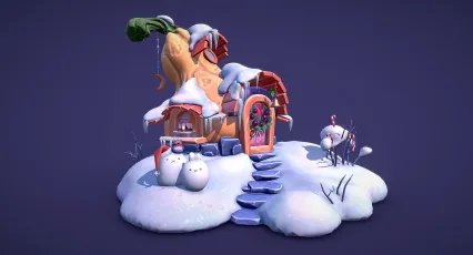 圣诞南瓜屋 魔法屋 手绘q版圣诞节场景 雪人 雪屋 美陈 小木屋 圣诞节场景