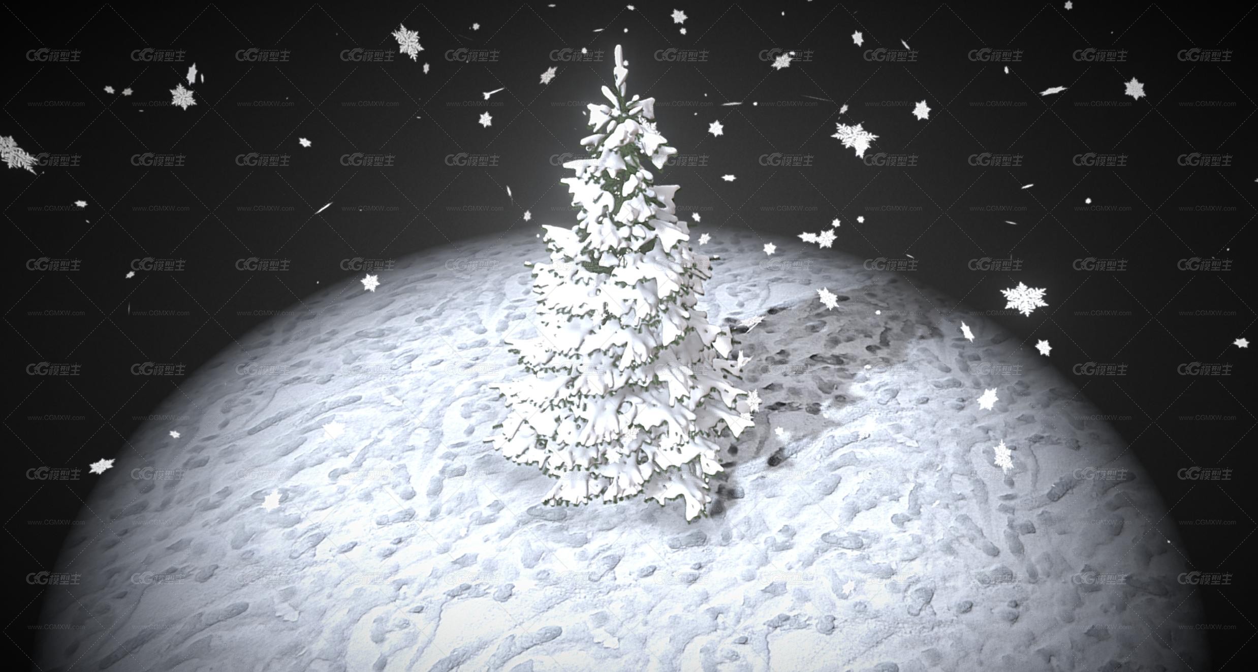 雪地圣诞树 雪景 雪花 圣诞节场景 圣诞树 白雪树3D模型-3