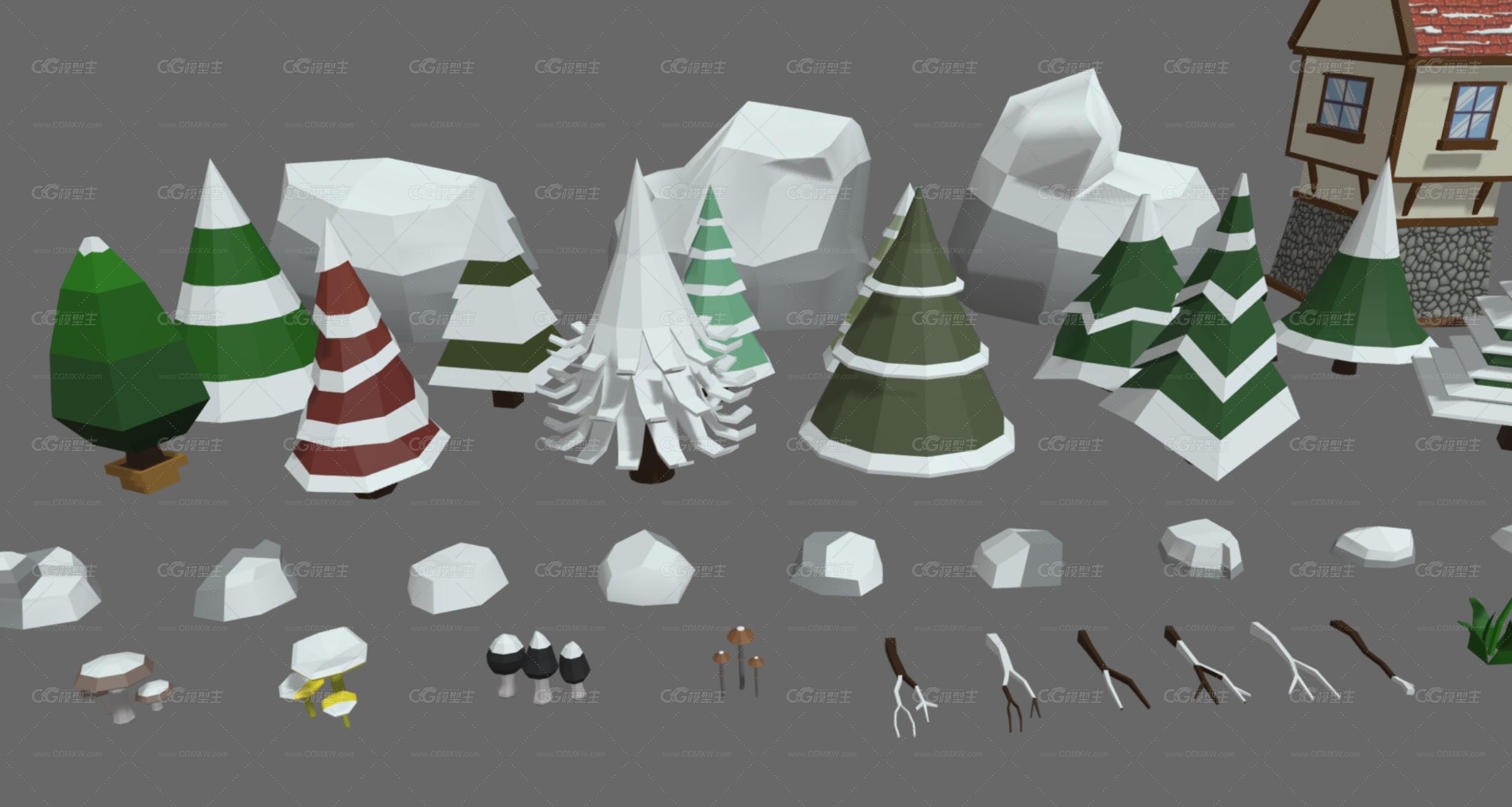 LowPoly 圣诞包 圣诞树 圣诞屋 圣诞节礼包 雪人宝宝 圣诞饼干 圣诞雪橇 圣诞节礼品盒-4