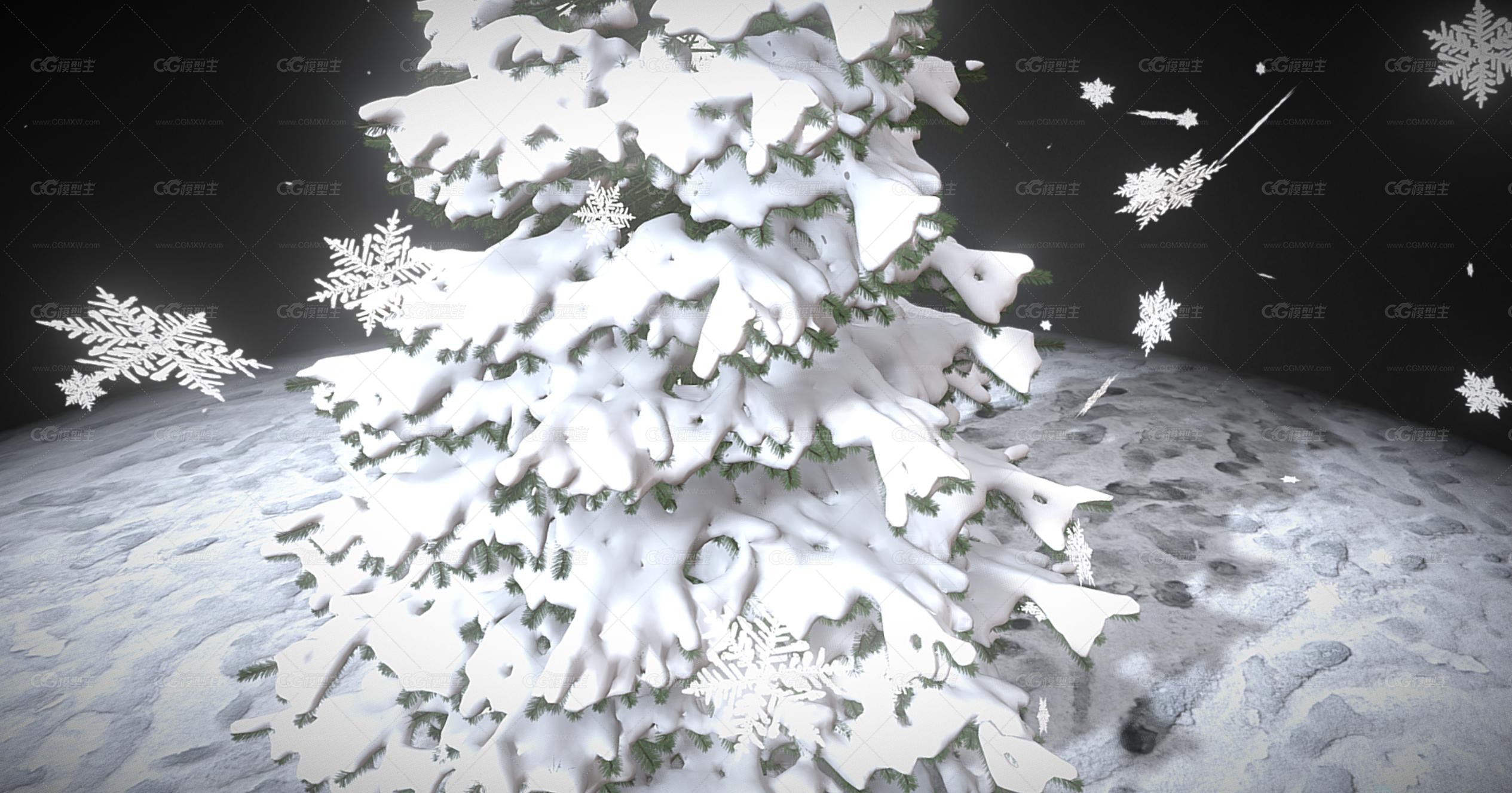 雪地圣诞树 雪景 雪花 圣诞节场景 圣诞树 白雪树3D模型-4