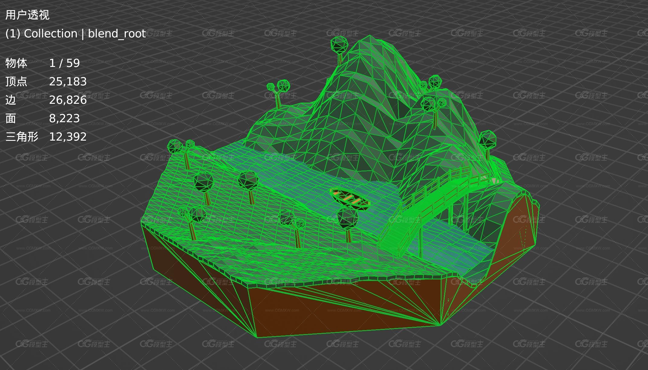 低多边形 LOWPOLY 卡通简模小河道 小桥流水 山谷 木船 木舟 木桥 独木桥-6