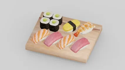 Lowpoly卡通寿司 肉片 生鱼片 寿司拼盘 写实寿司 日本寿司 日本食材 糯米饭 三文鱼寿司