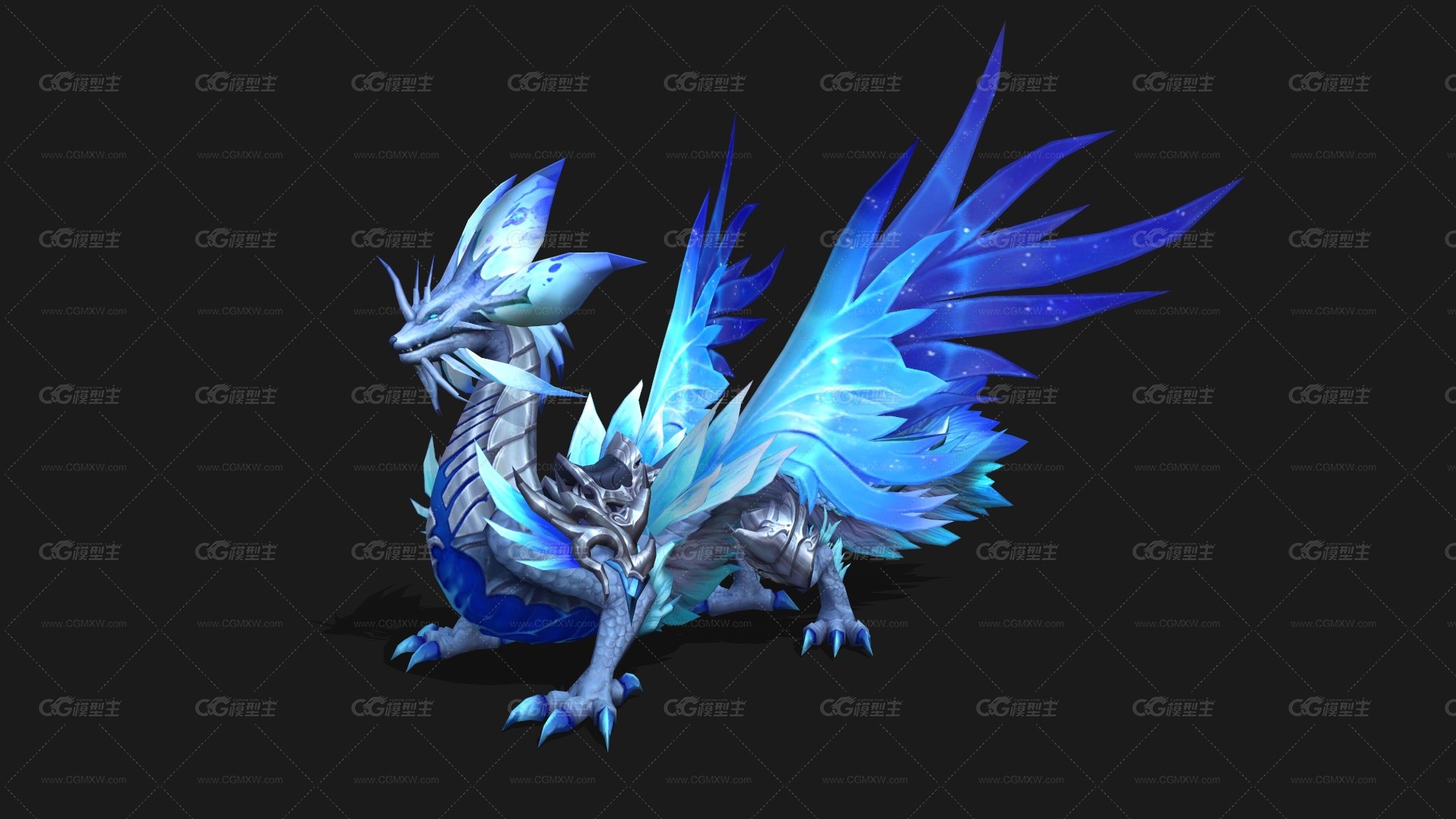 精美冰龙 寒冰魔龙 ice dragon 神龙 魔法龙 精灵龙 冰封魔龙 飞龙坐骑 寒冰魔龙 蓝龙3D模型-1