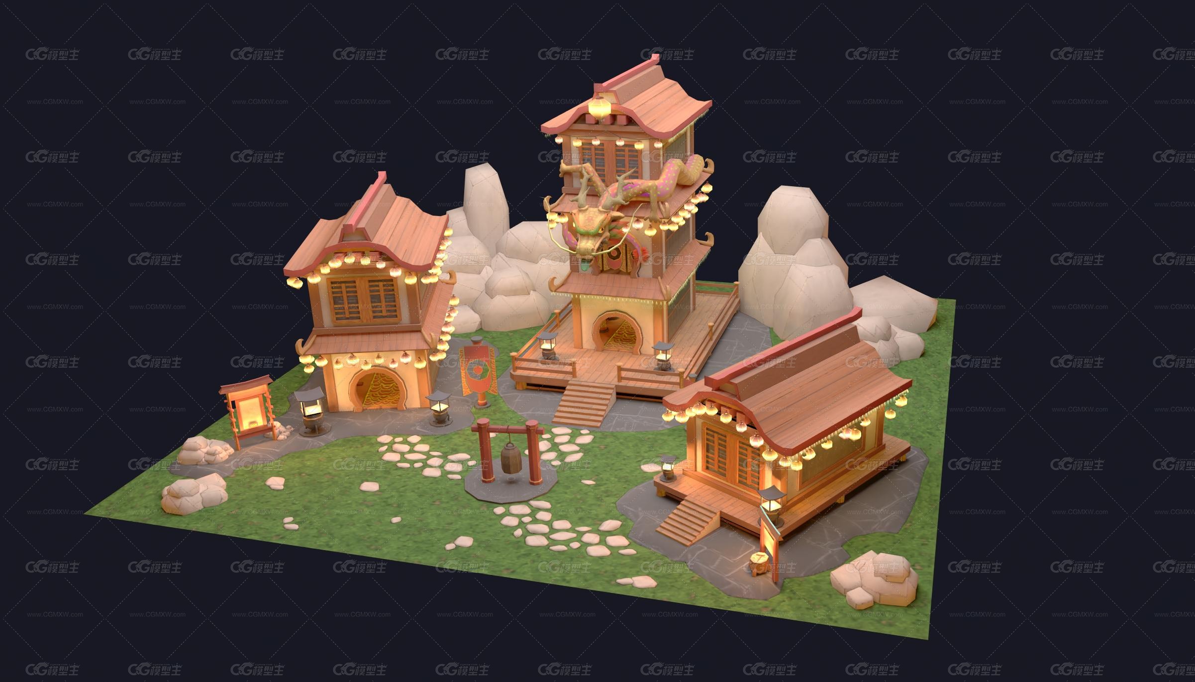 龙年场景 中国风场景 农历年场景 古建筑 东方古代建筑 中国龙 龙年建筑 卡通古建筑 -1