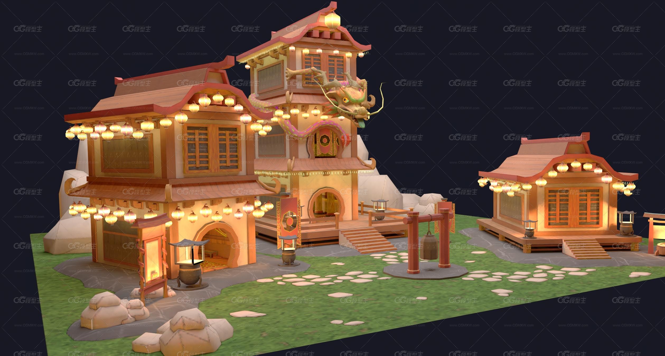 龙年场景 中国风场景 农历年场景 古建筑 东方古代建筑 中国龙 龙年建筑 卡通古建筑 -3