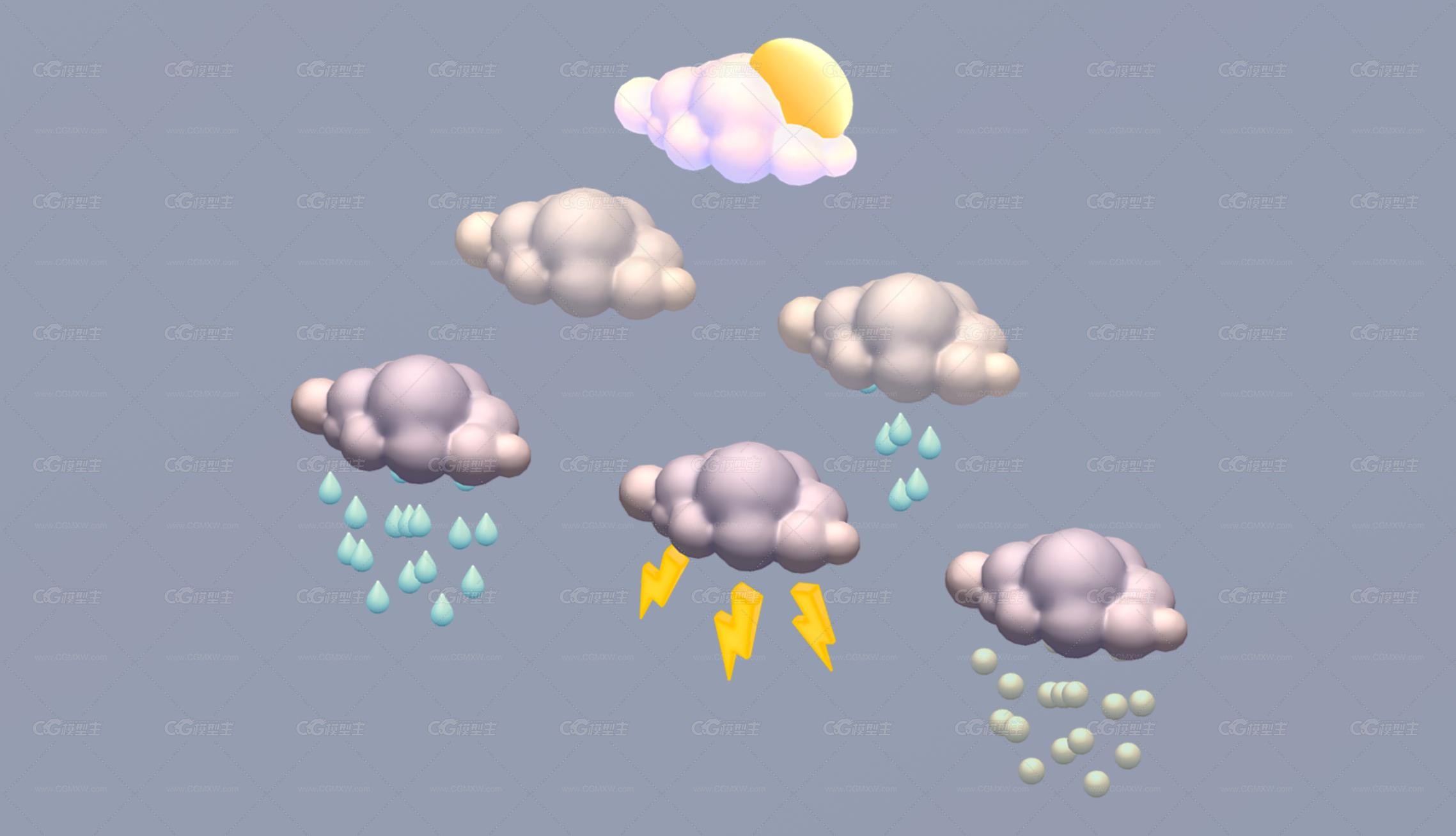 卡通手绘白云天气符号 云 天气 多云 下雨 下雪 打雷 云朵 冰雹 天气符号-3