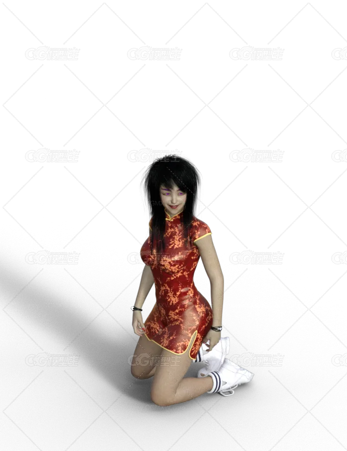 黑发 微笑 姿势  红色旗袍  可爱 年轻女孩 美女 成熟女性 现代女性 年轻女性 游戏人物 现代人物带绑定-1