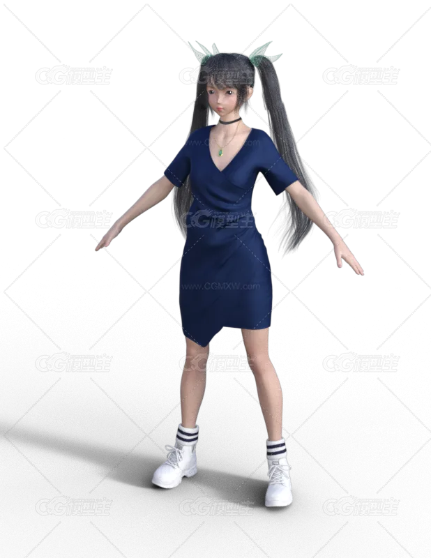 写实 性感 长发 蓝色裙子 骨骼绑定-1