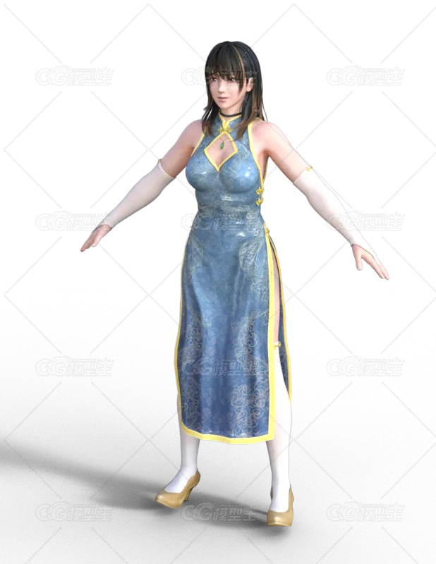 写实 性感 浅蓝色旗袍套装 美女 骨骼绑定-1