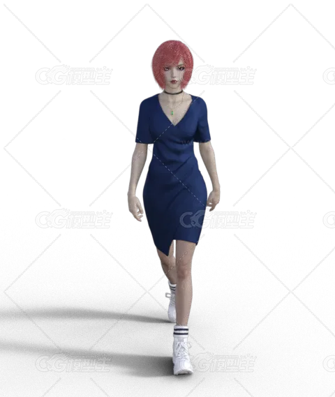 红发女性 蓝色裙子 美女 写实人物 骨骼绑定-1