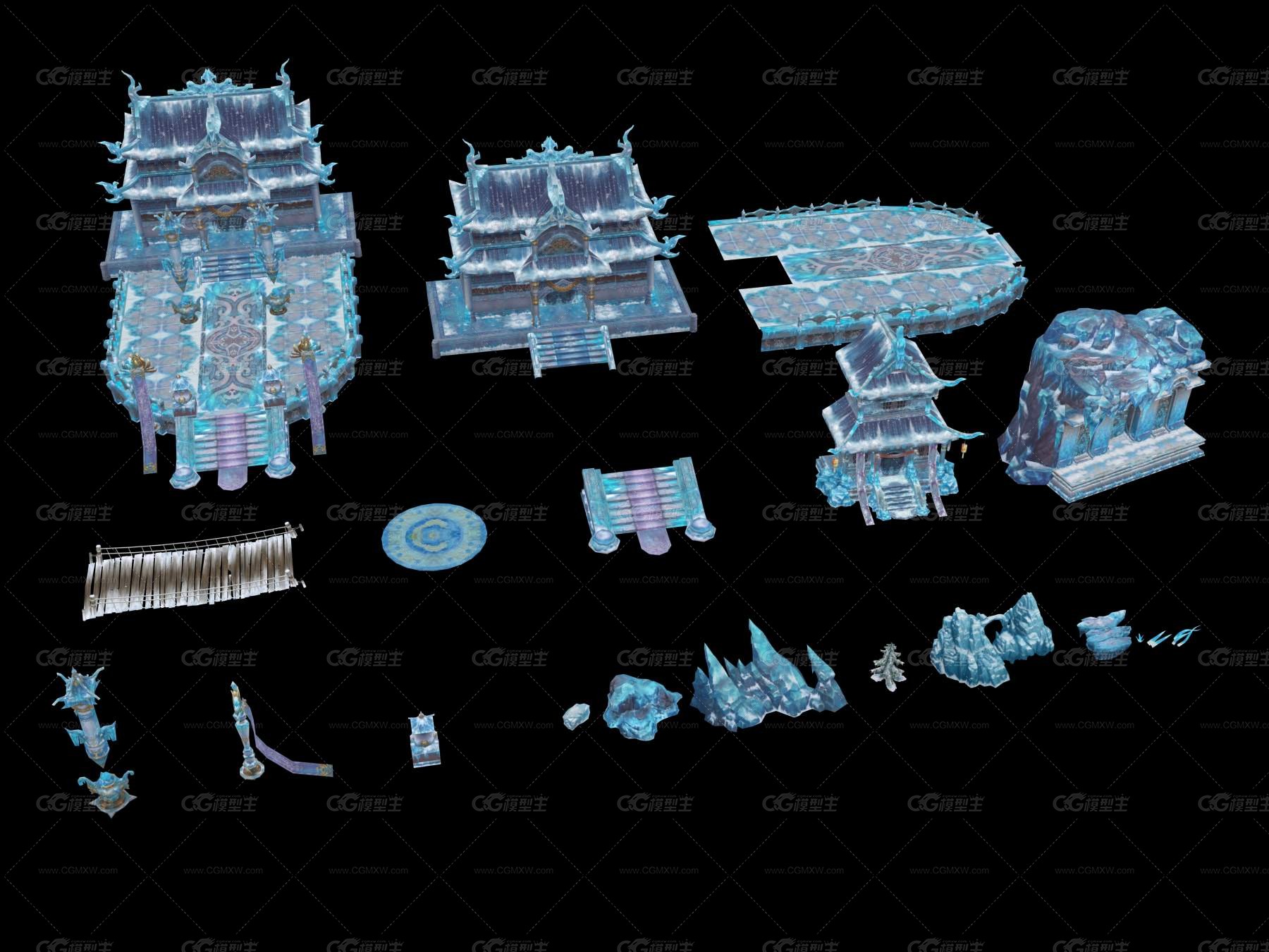 古代仙侠东方玄幻冰雪游戏场景建筑昆仑全套组件拼搭桥树石-1