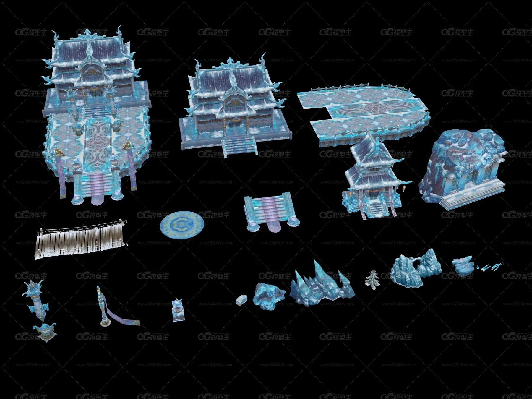 古代仙侠东方玄幻冰雪游戏场景建筑昆仑全套组件拼搭桥树石-1