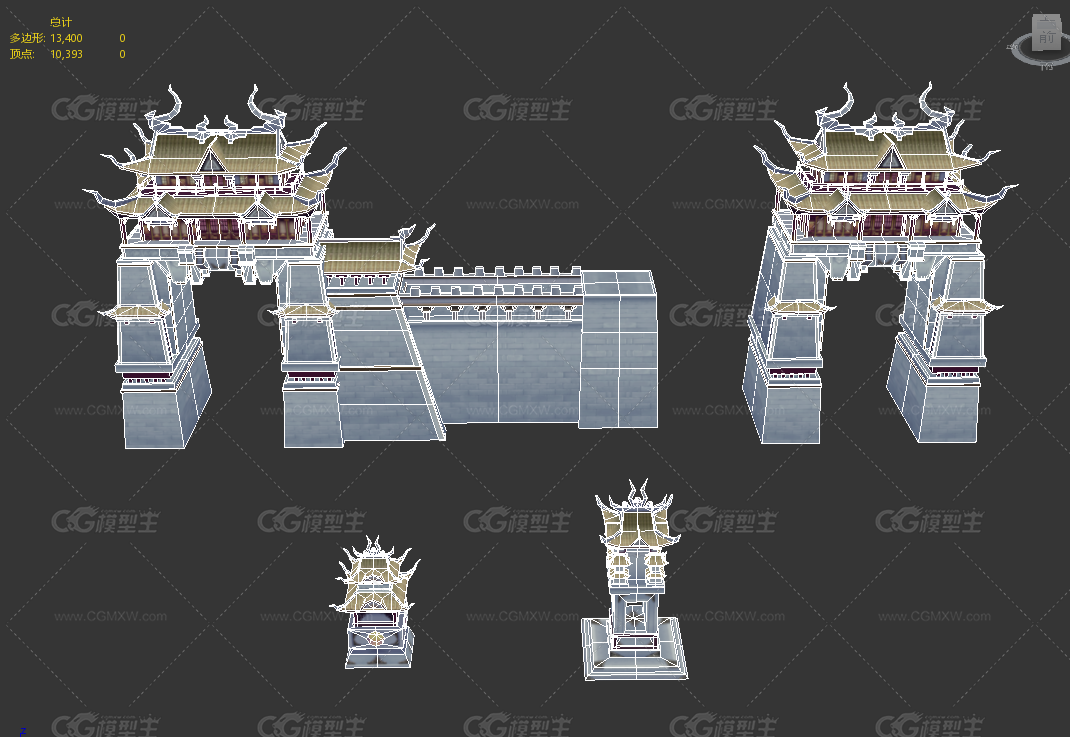 仙侠玄幻卡通场景建筑拼搭主城城墙塔楼灯塔城门城墙-5