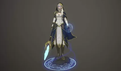 唯美持杖女法师 联盟英雄 风格化欧美风 带帽子美女 pbr马尾女战士