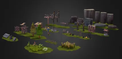 中世纪道具组合 哨兵岗位 树木 草 堡垒围墙 3D模型 