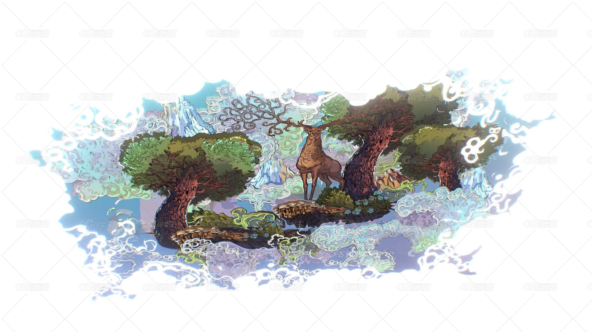 视差景观北欧场景  卡通场景 大自然美景 风景美景卡通鹿-4