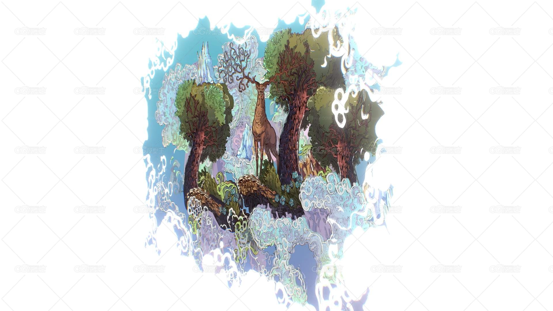视差景观北欧场景  卡通场景 大自然美景 风景美景卡通鹿-2