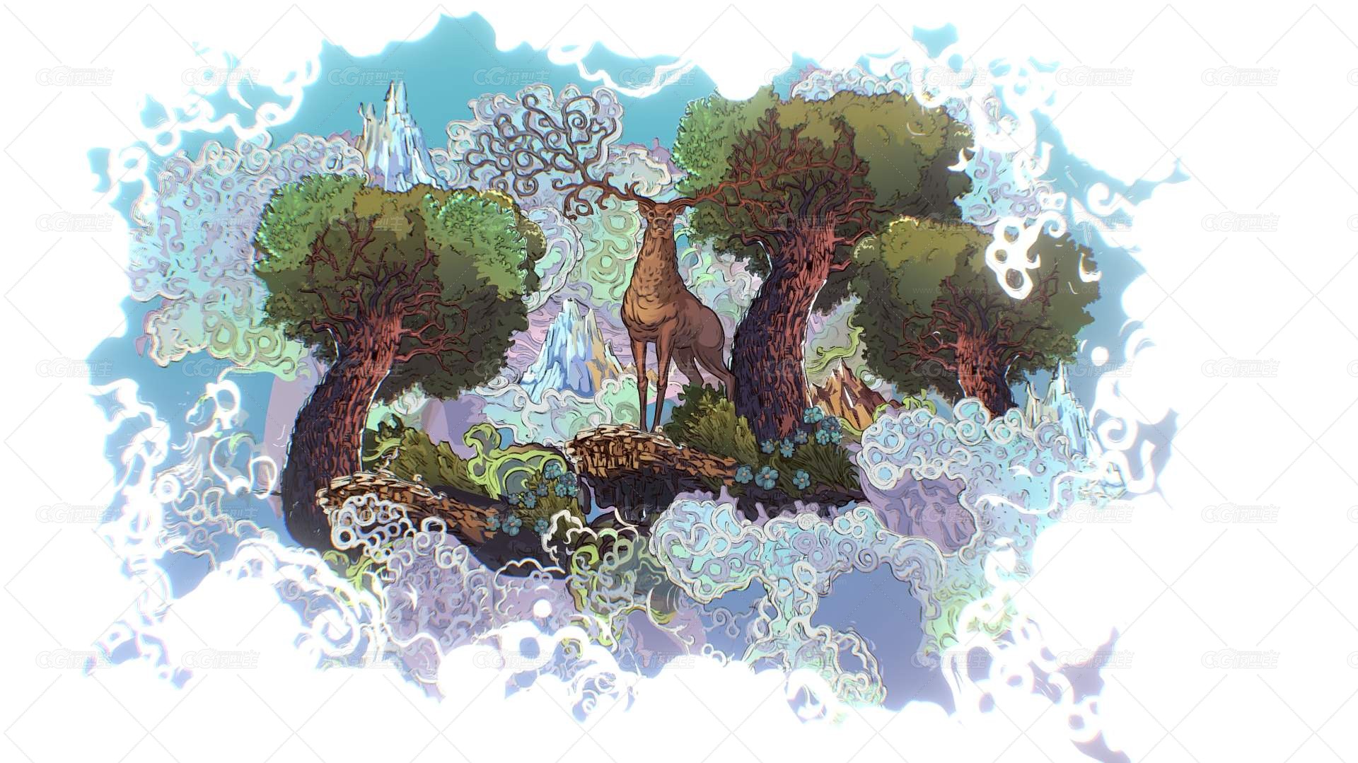 视差景观北欧场景  卡通场景 大自然美景 风景美景卡通鹿-1