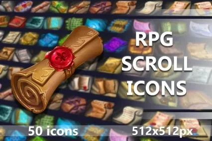 50个中世纪2D RPG游戏魔法卷轴图标素材