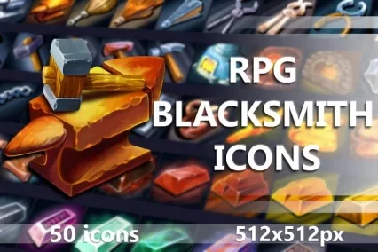 50个2D中世纪RPG游戏铁匠物品材料图标素材
