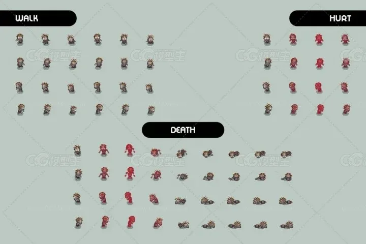 3个自上而下的四向行走像素僵尸敌人动画素材-3