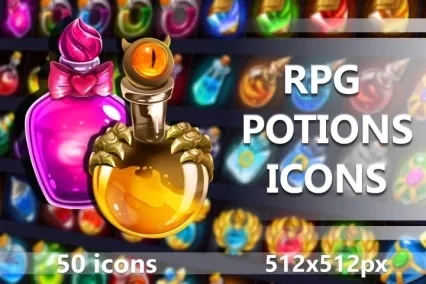 50个高品质2D RPG游戏魔法药水图标素材
