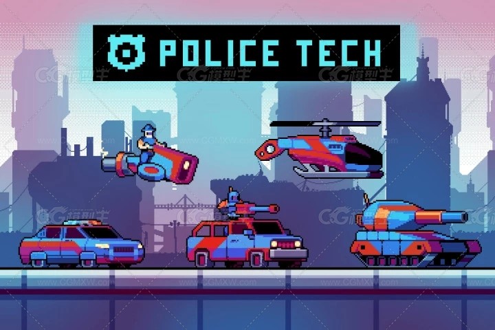 5种赛博朋克未来科幻风格像素警察交通运输工具动画素材-1