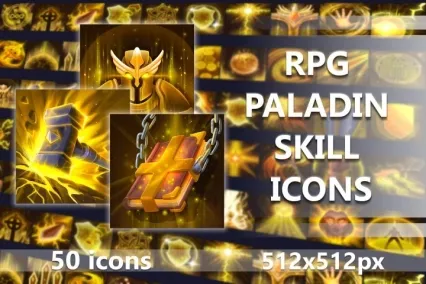 50个2D中世纪RPG游戏圣骑士职业技能图标素材